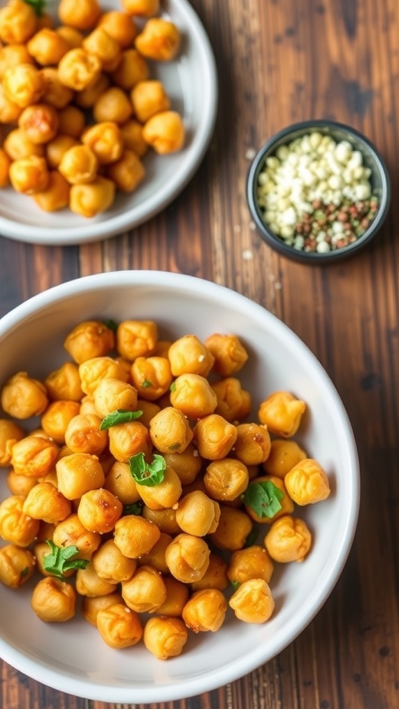 Crispy air fryer chickpeas in a bowl, garnished with herbs, on a wooden table.